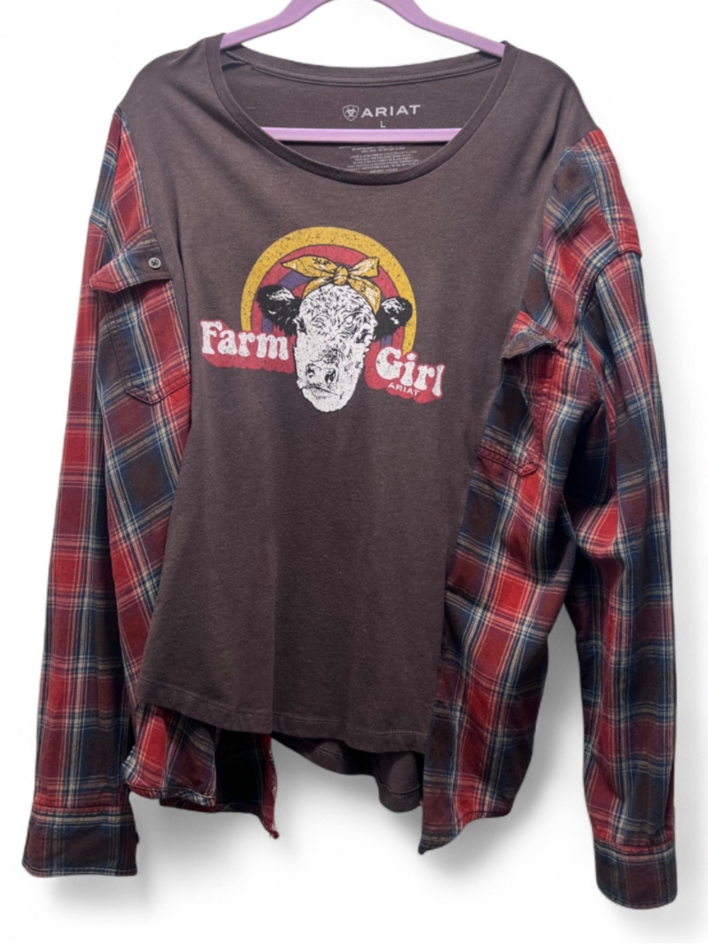 Reworked Ariat “Farm Girl” Upcycled Flannel Shirt Plaid Combo Large